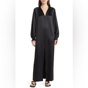 FRAME  Long Sleeve Silk Caftan Maxi Dress - Noir size S